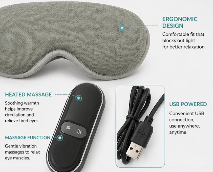 ELE:[TomoGym Heated Eye Mask TD01-OM-041 Gray]-Heated Massage USB Rechargeable Eye Mask Soothing Relaxation Portable Comfortable