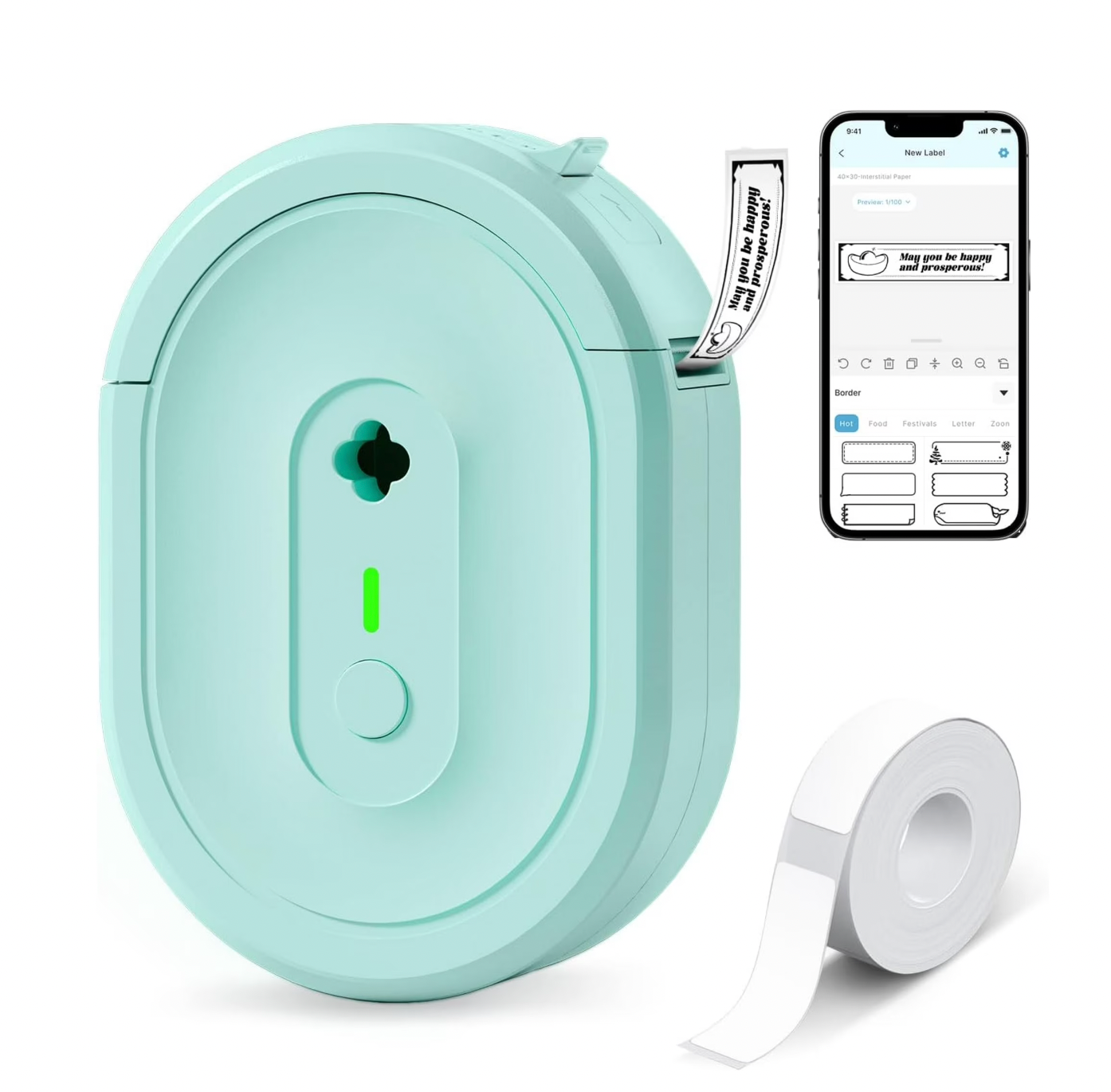 ELE:[NOYIN-Label Maker-N12-Green]-Compact Bluetooth label printer with inkless printing, rechargeable battery