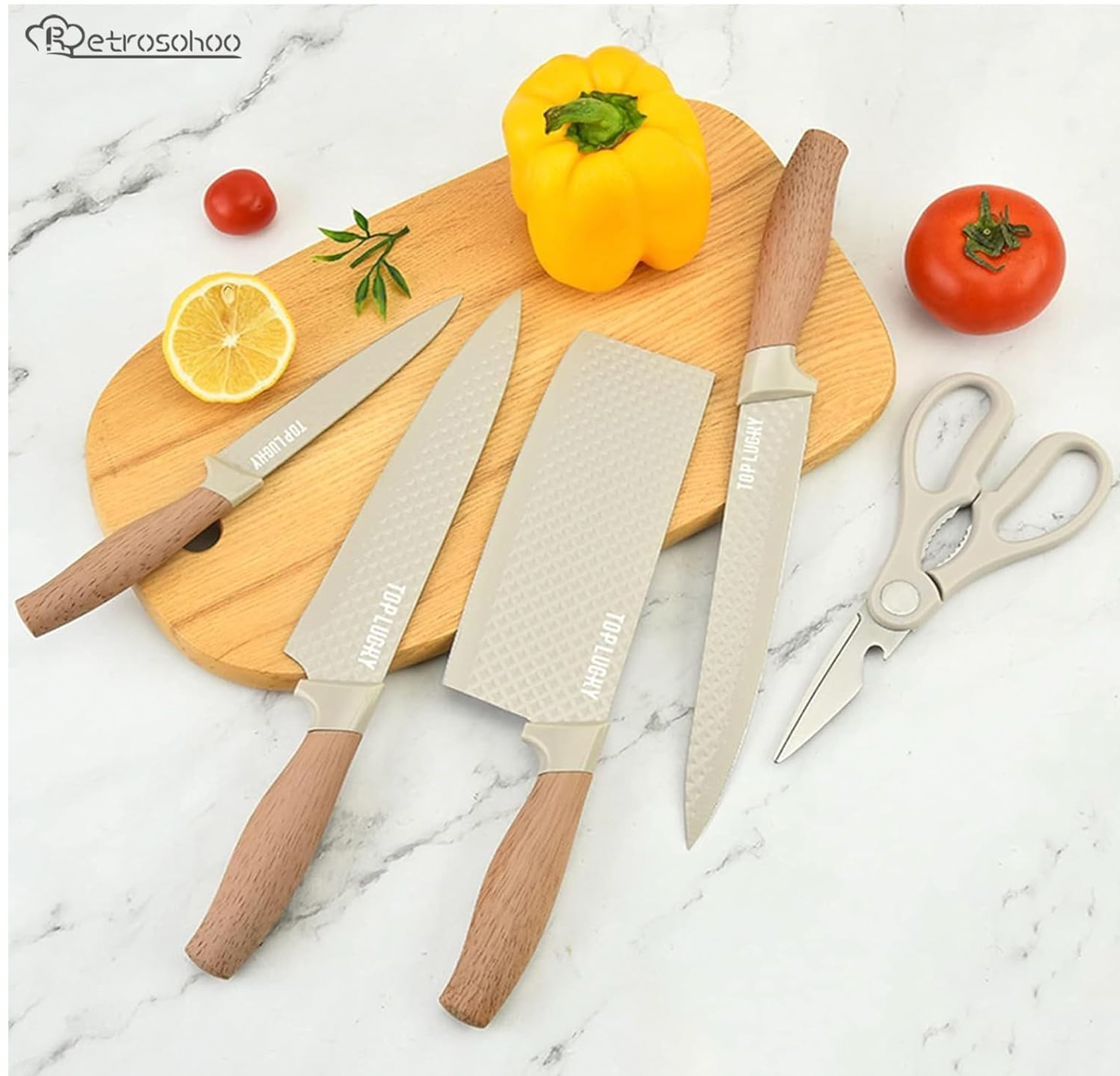 HOU:[TOP LUCKY-6-Piece Knife Set Wooden Handle Beige]-6-Piece Stainless Steel Knife Set Nonstick Sharp Durable Comfortable Handle