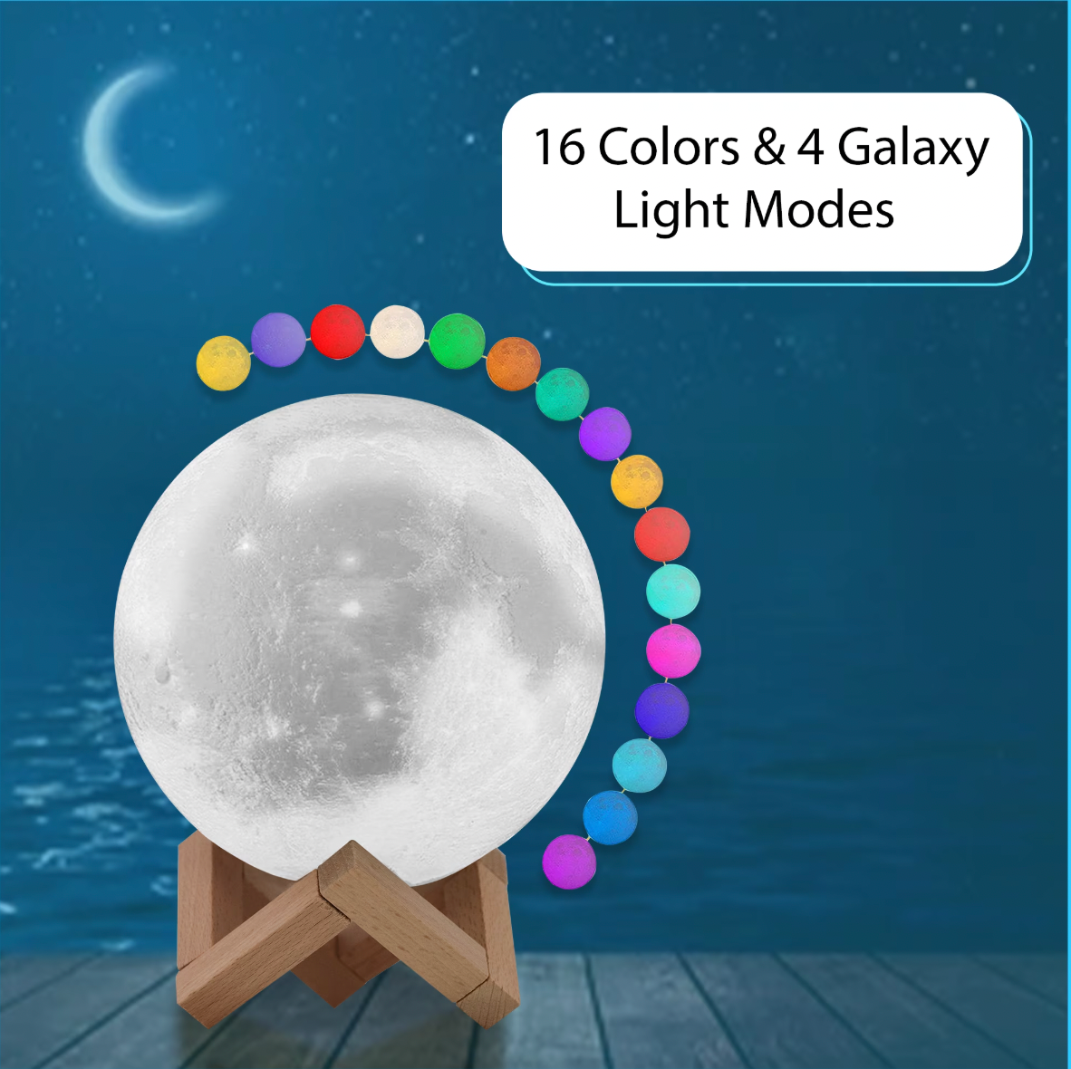 ELE:[LED Moon Lamp with Wood Display Stand]-LED Moon Lamp Remote Control 16 Colors 4 Modes Wooden Stand