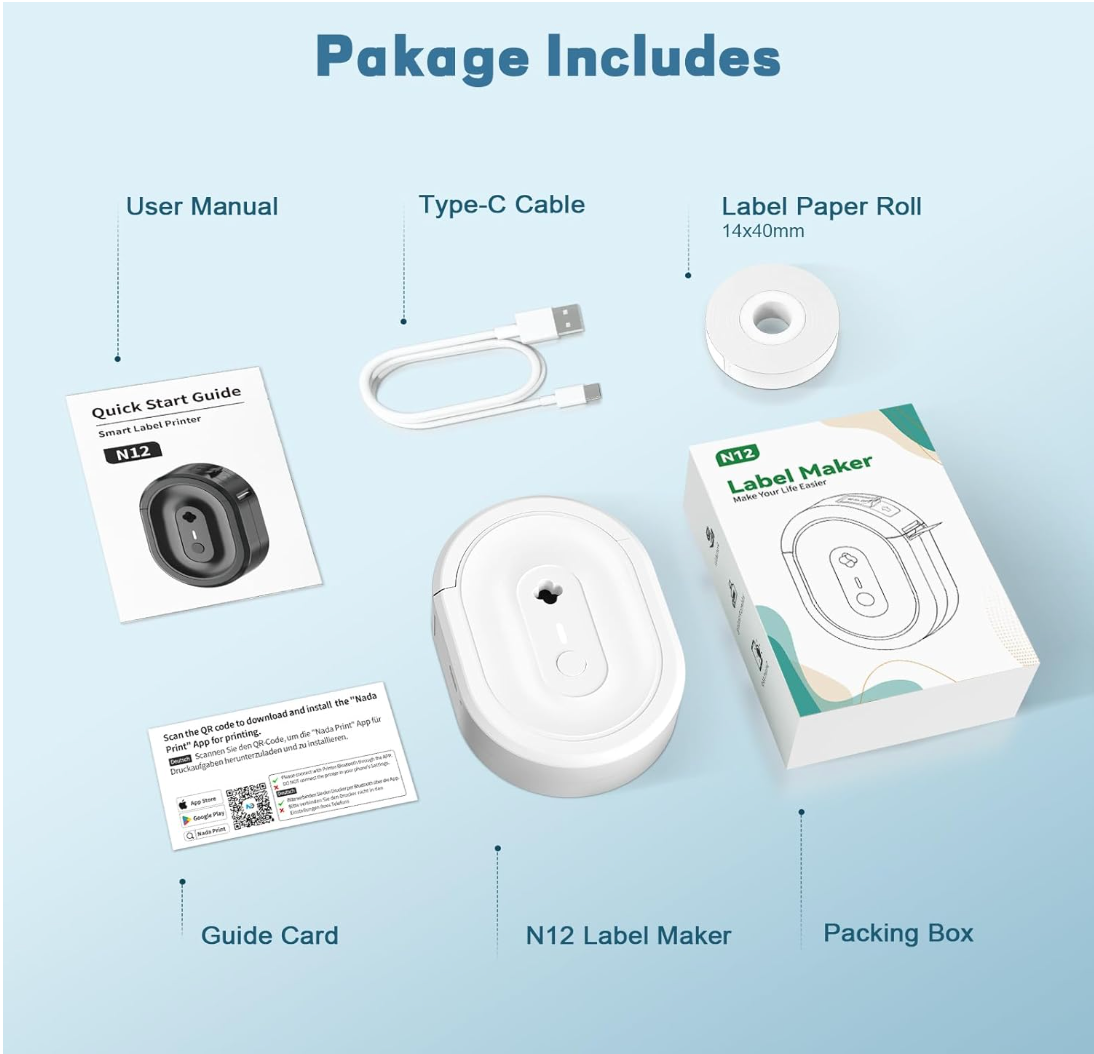 ELE:[NOYIN-Label Maker-N12-White]-Compact Bluetooth label printer with inkless printing, rechargeable battery