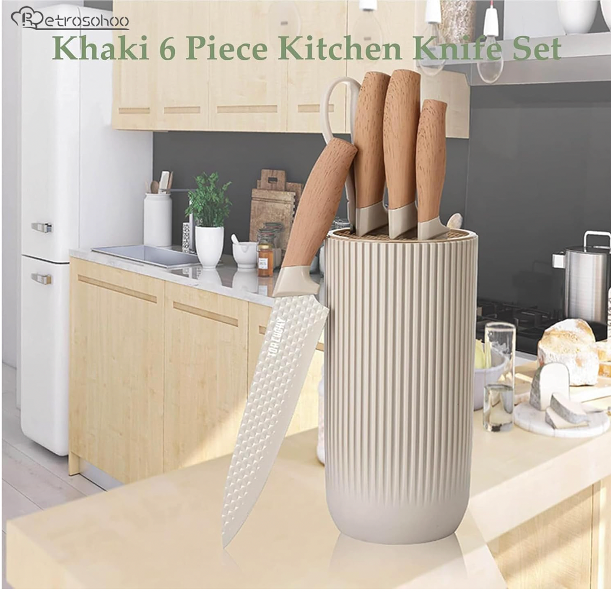 HOU:[TOP LUCKY-6-Piece Knife Set Wooden Handle Beige]-6-Piece Stainless Steel Knife Set Nonstick Sharp Durable Comfortable Handle