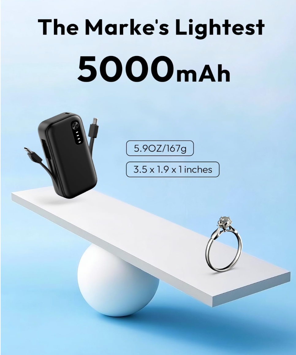 ELE:[Mini-Portable Charger-1pc-Black-M501X]-5000mAh Small Power Bank PD QC Fast Charging USB-C External Battery Pack for iPhone 16/15/14/Android
