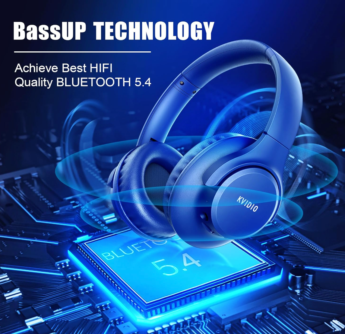 [ELE KVIDIO Bluetooth Headphones KVWH201AL]65 Hours Playtime Wireless Headphones with Microphone, Foldable Lightweight Headset with Deep Bass