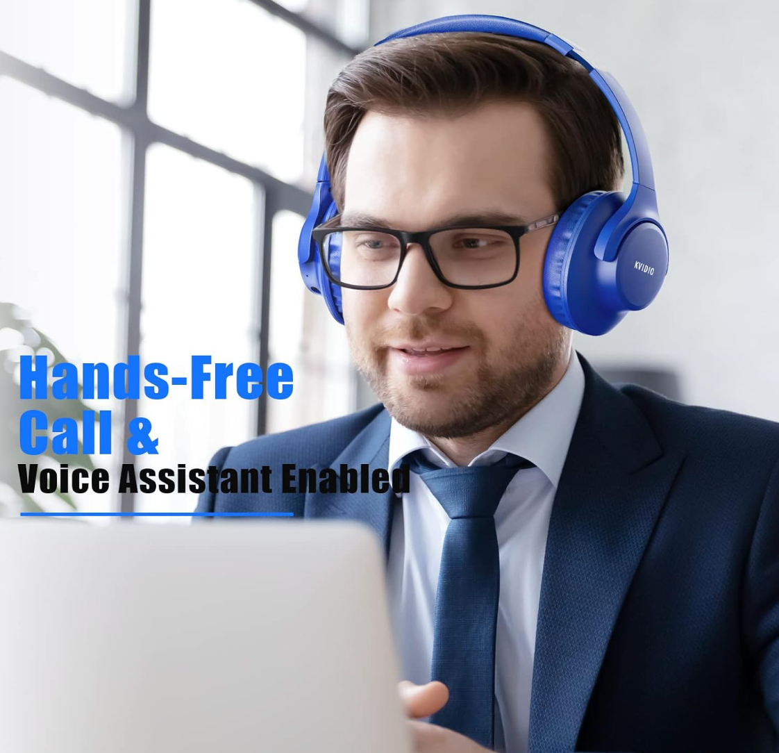 [ELE KVIDIO Bluetooth Headphones KVWH201AL]65 Hours Playtime Wireless Headphones with Microphone, Foldable Lightweight Headset with Deep Bass