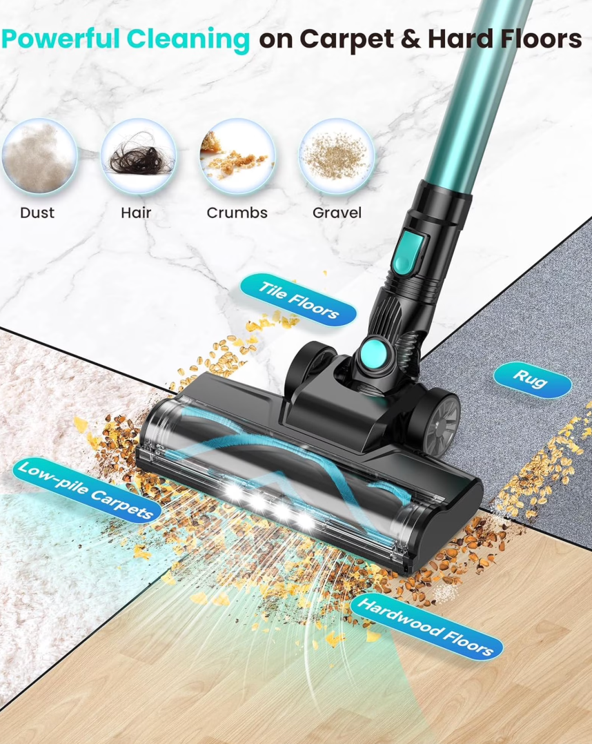 UN-ELE:[N3T Cordless Vacuum Cleaner Cyan Green]-40min Runtime Self-Standing Stick Vacuum Anti-Tangle Brush Pet Hair Hard Floor Carpet