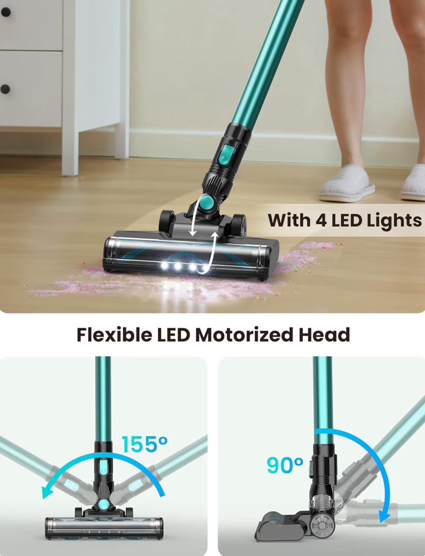 UN-ELE:[N3T Cordless Vacuum Cleaner Cyan Green]-40min Runtime Self-Standing Stick Vacuum Anti-Tangle Brush Pet Hair Hard Floor Carpet