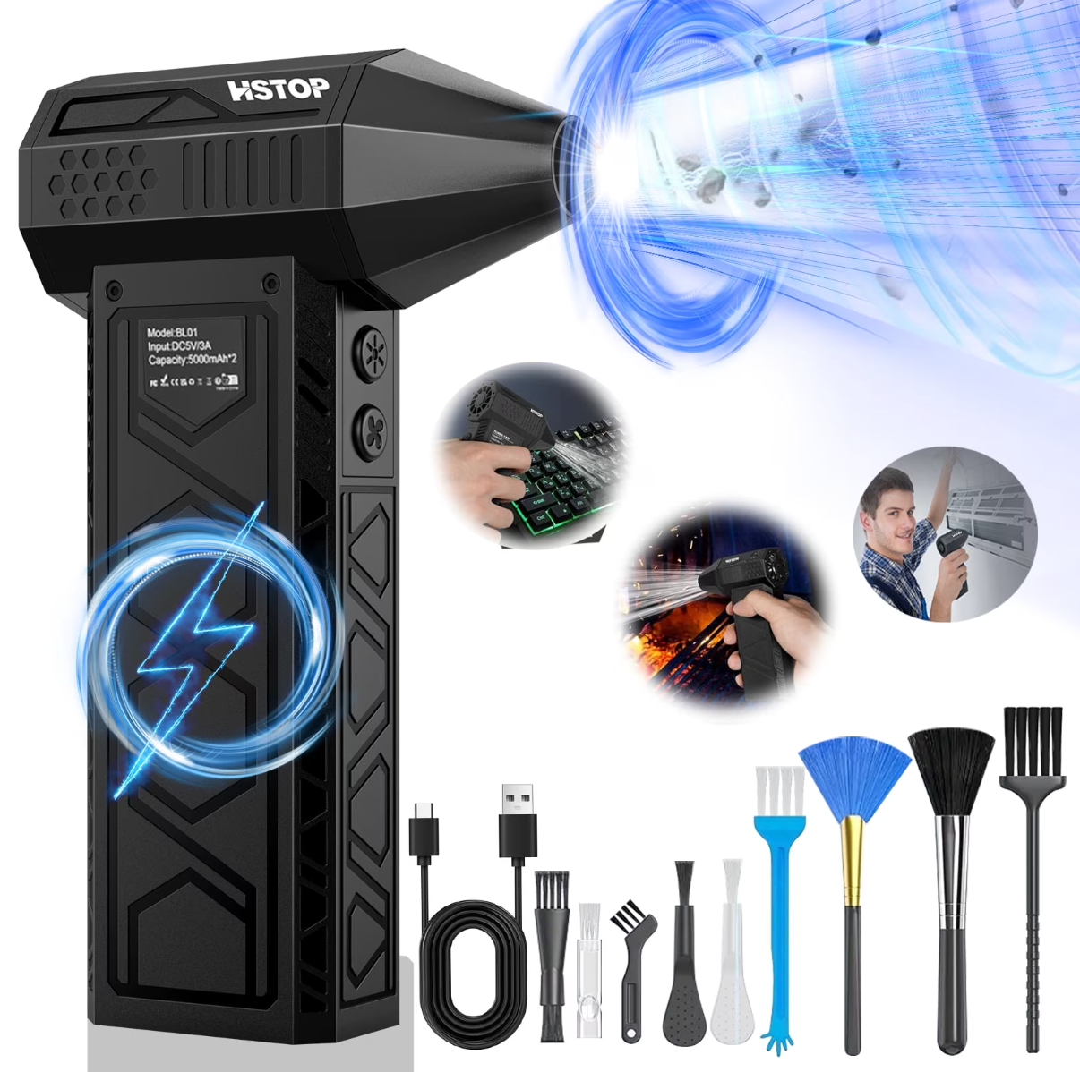 ELE:[Hstop-Compressed Air Duster-BL06-Random color]-High Speed Motor, Strong Airflow, Rechargeable Battery, Multiple Cleaning Attachments