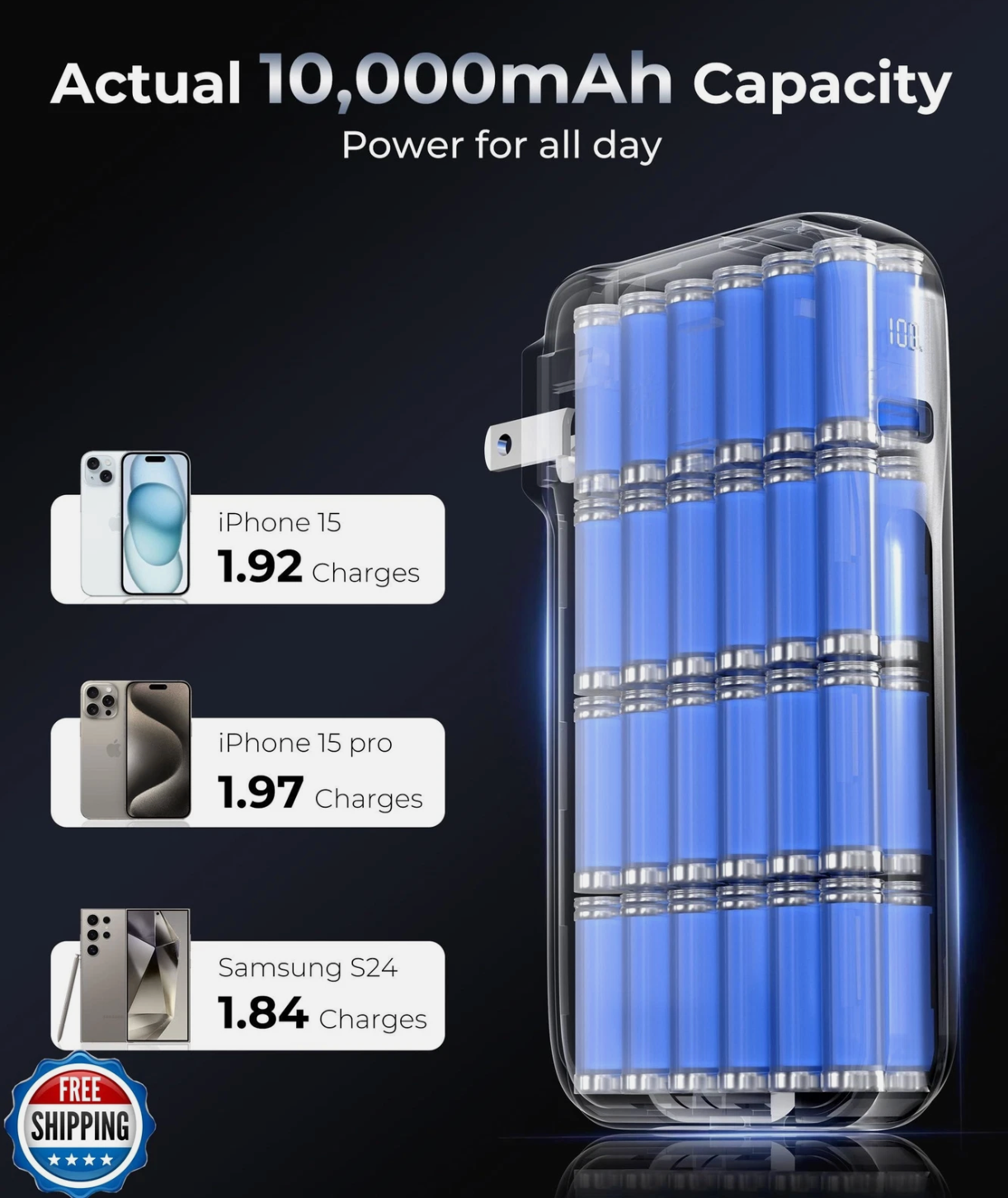 ELE:[JOYFAR-Portable Charger-10000mAh]-Portable Power Bank With Built-In USB-C Cable Fast Charging Capability