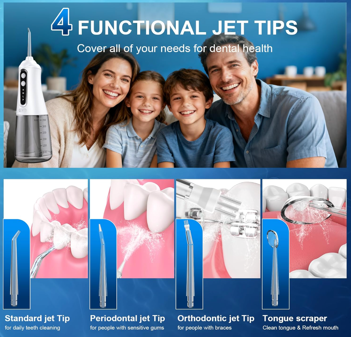 HOU: [Water Flosser Smart Oral Irrigator CY17] Cordless, 350ML, 4 Modes 4 nozzles,IPX7 Waterproof Rechargeable for deep cleaning
