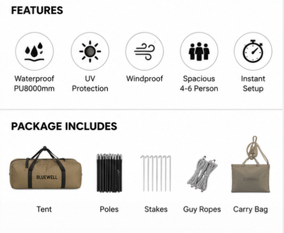 UN-OUT:[Bluewell Moru 5.0 ML-01 Khaki]-Instant Cabin Camping Tent Waterproof Family Tent PU8000mm Easy Setup 4-6 Person