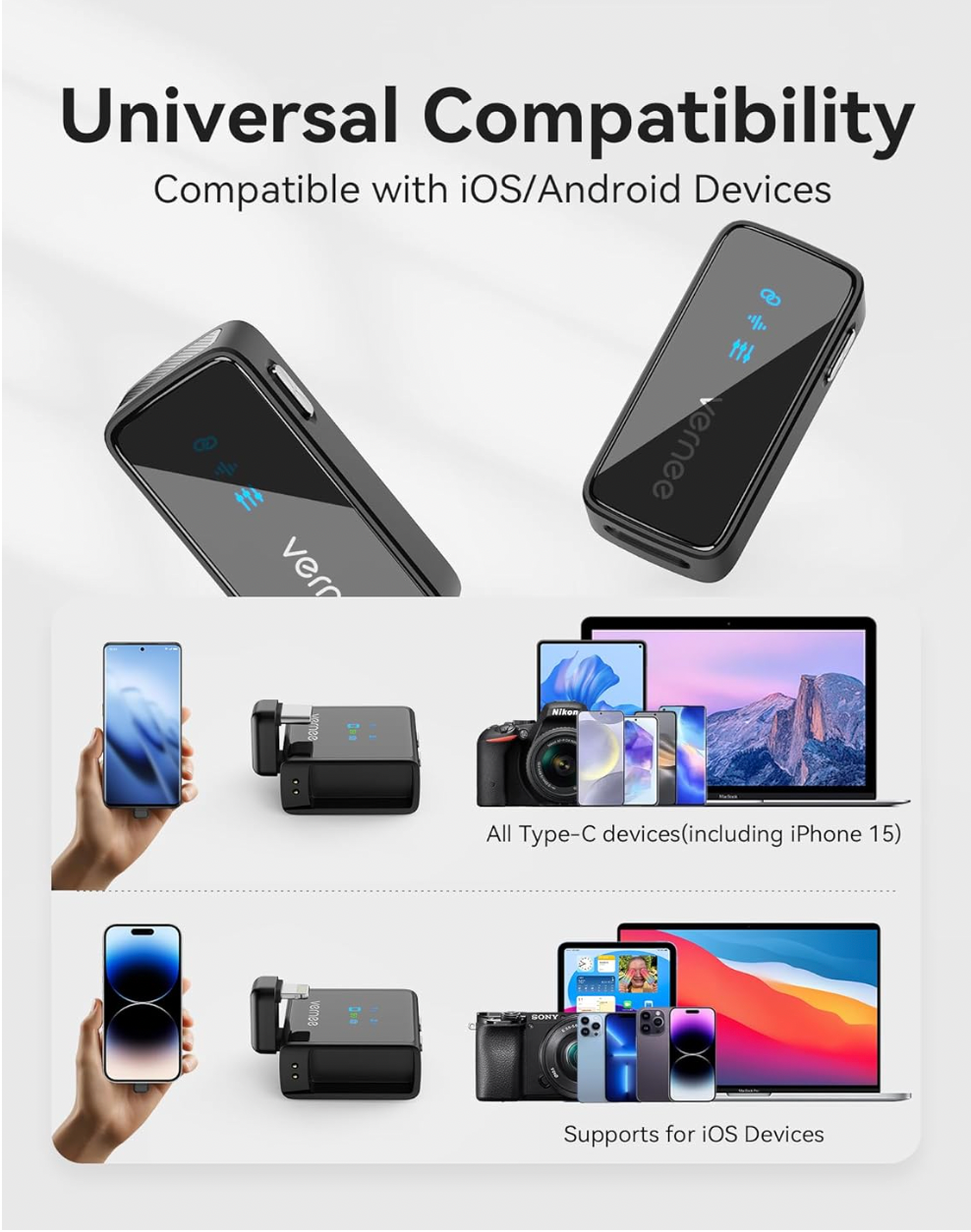 ELE:[VERNEE-Wireless Microphone-V30]-Works with iPhone and Android, Tablet, PC, Mini Mic 3-Level AI Noise Reduction