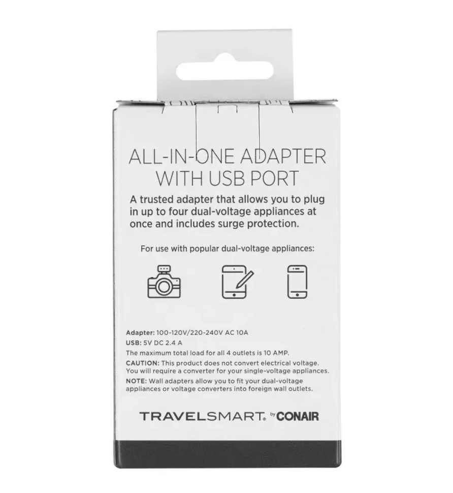 ELE:[Travelsmart – All-in-One Adapter with USB Port – TS239]-Universal, Compact, Protected, Multiport, USB, Travel, Dual, Lightweight, Safe, Reliable.