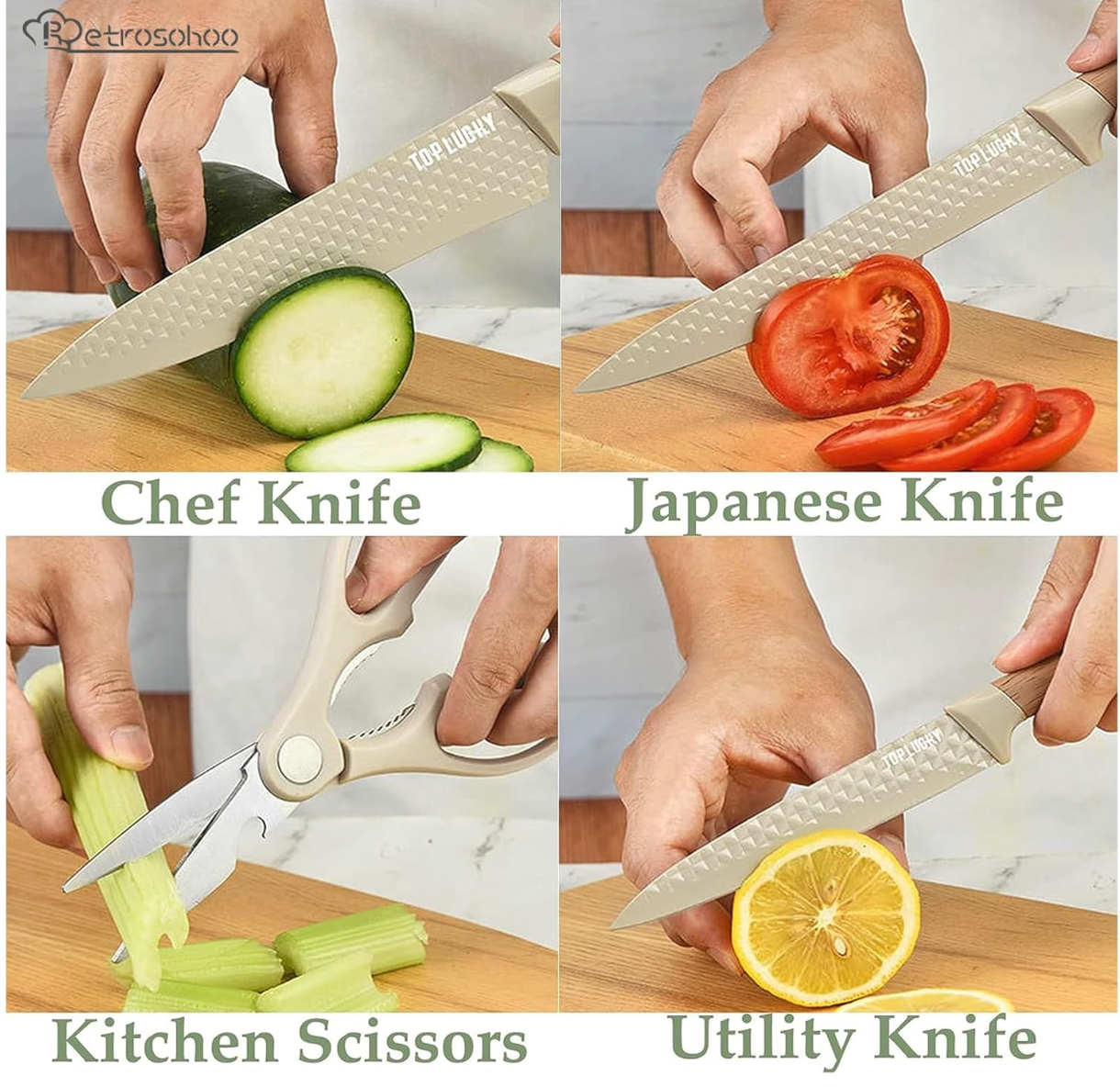 HOU:[TOP LUCKY-6-Piece Knife Set Wooden Handle Beige]-6-Piece Stainless Steel Knife Set Nonstick Sharp Durable Comfortable Handle