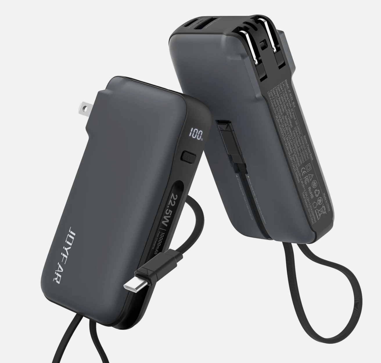 ELE:[JOYFAR-Portable Charger-10000mAh]-Portable Power Bank With Built-In USB-C Cable Fast Charging Capability
