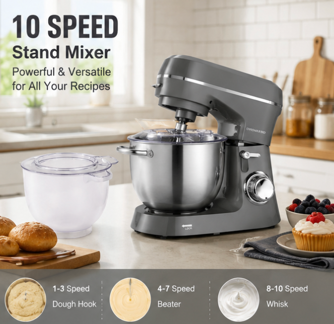 UN-ELE:[UHOMEPRO Stand Mixer SM-1531 Gray]-10 Speed Tilt-Head Stand Mixer 4.5QT+5QT Bowls Dough Hook Whisk Beater Splash Guard