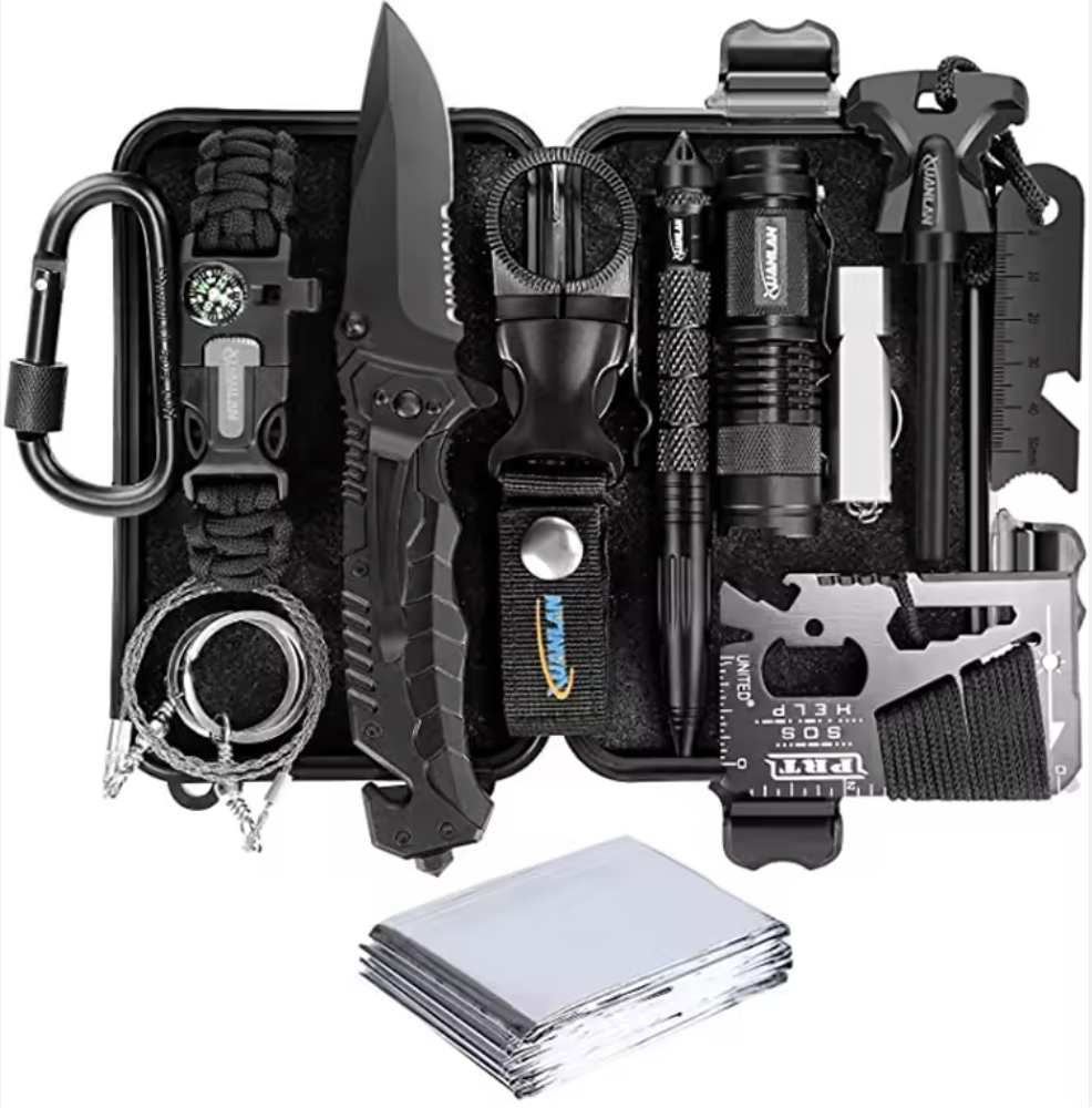 OUT:[SURVIVALPRO 13-IN-1 KIT]-Compact Emergency Outdoor Gear Set with Fire Starter, Compass & Tactical Tools