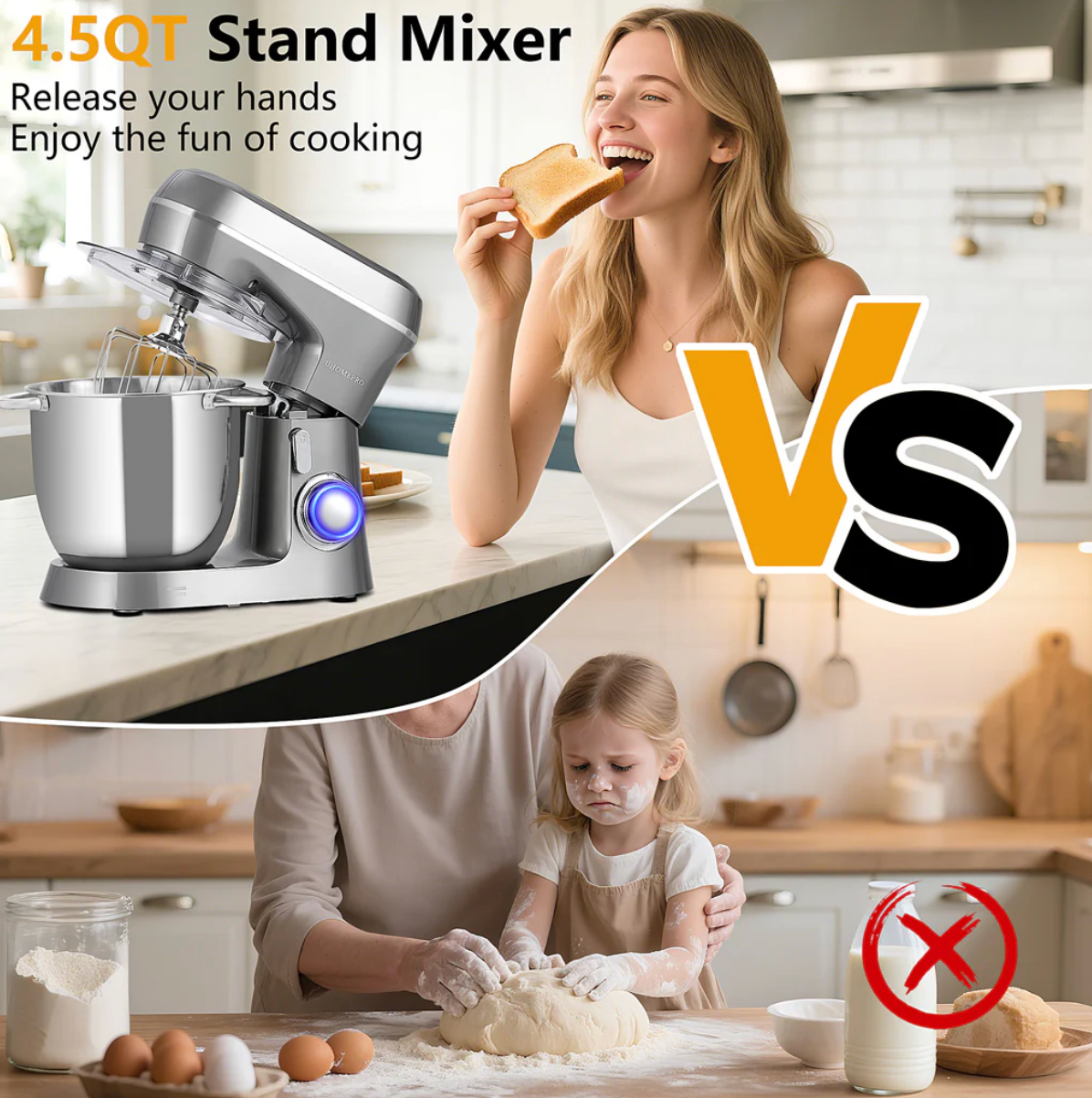 UN-ELE:[UHOMEPRO Stand Mixer SM-1531 Gray]-10 Speed Tilt-Head Stand Mixer 4.5QT+5QT Bowls Dough Hook Whisk Beater Splash Guard
