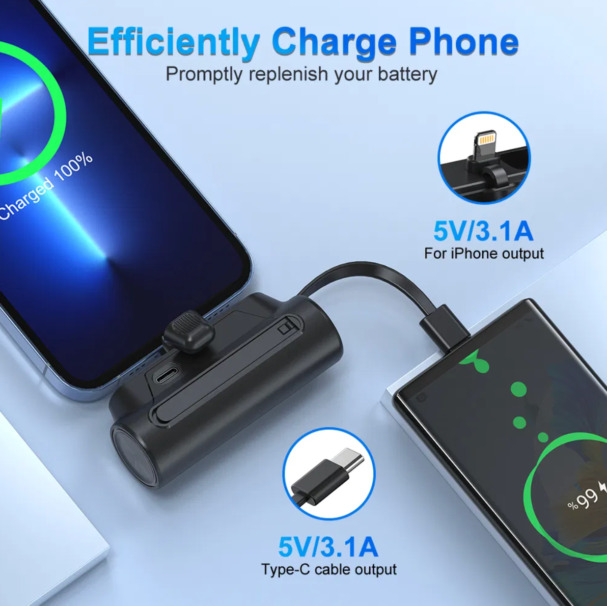 ELE:[Portable Charger 8000mAh-Black White 2PCS]-Built-In Cables Fast Charging Portable Power Bank Compact Lightweight Travel