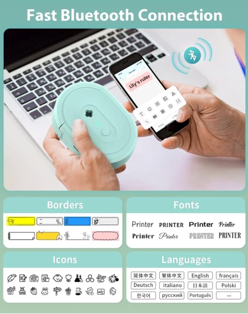 ELE:[NOYIN-Label Maker-N12-Green]-Compact Bluetooth label printer with inkless printing, rechargeable battery