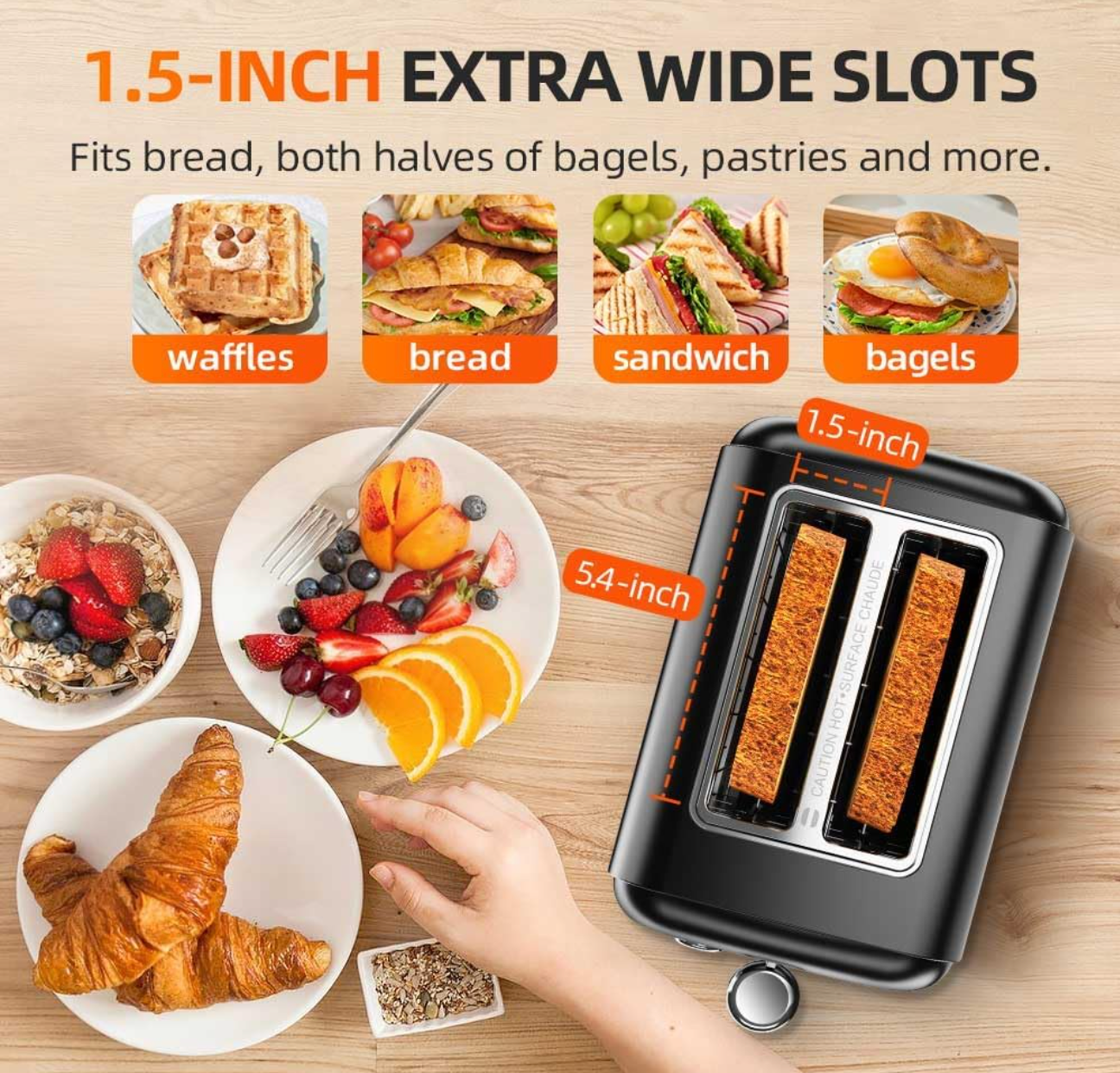 HOU:[RAMJOY-2 Slice Toaster-Black]-2-Slice, Stainless-Steel, 7-Settings, Bagel, Defrost, Reheat, Can