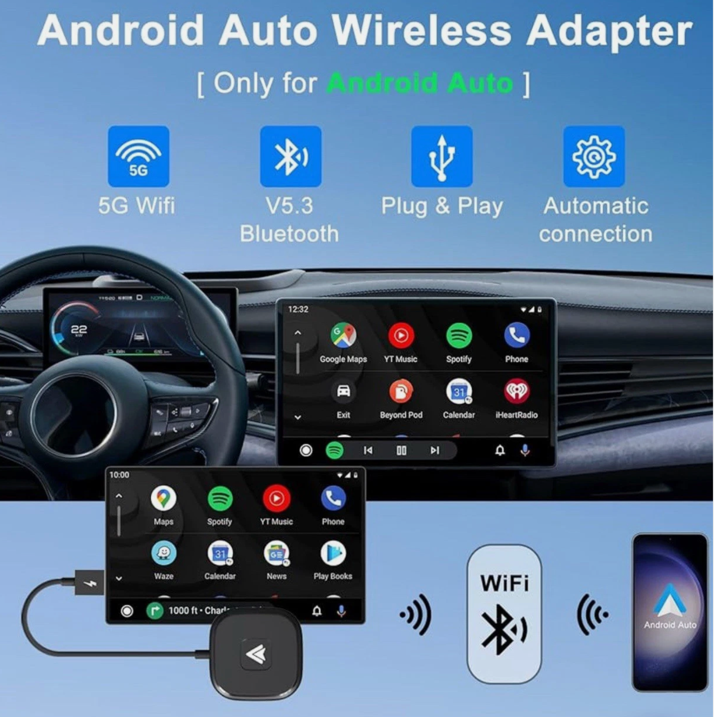 ELE:[Android-Auto Wireless Adapter-White Box]-Wireless, AndroidAuto, Bluetooth, WiFi, PlugAndPlay, USB, TypeC, 5.8GHz, Navigation, HandsFree