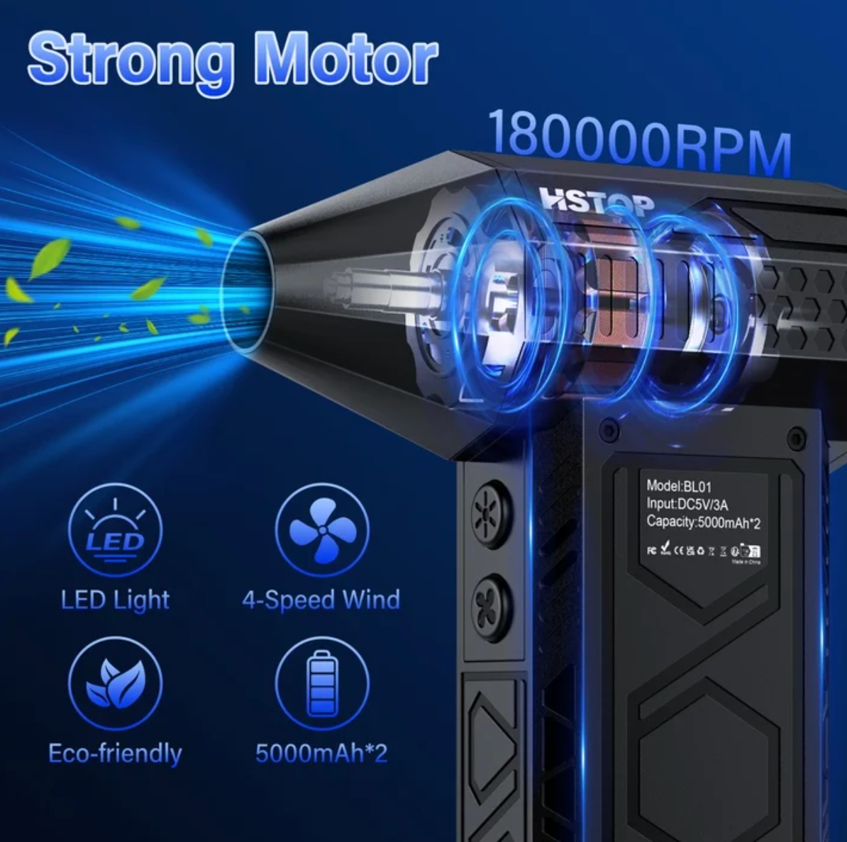 ELE:[Hstop-Compressed Air Duster-BL06-Random color]-High Speed Motor, Strong Airflow, Rechargeable Battery, Multiple Cleaning Attachments