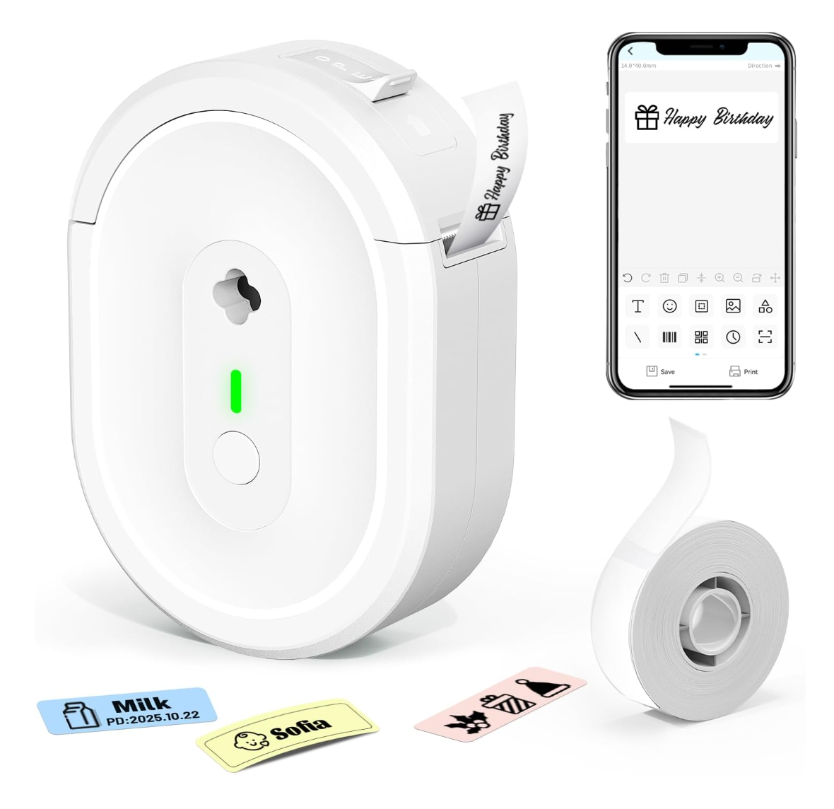 ELE:[NOYIN-Label Maker-N12-White]-Compact Bluetooth label printer with inkless printing, rechargeable battery