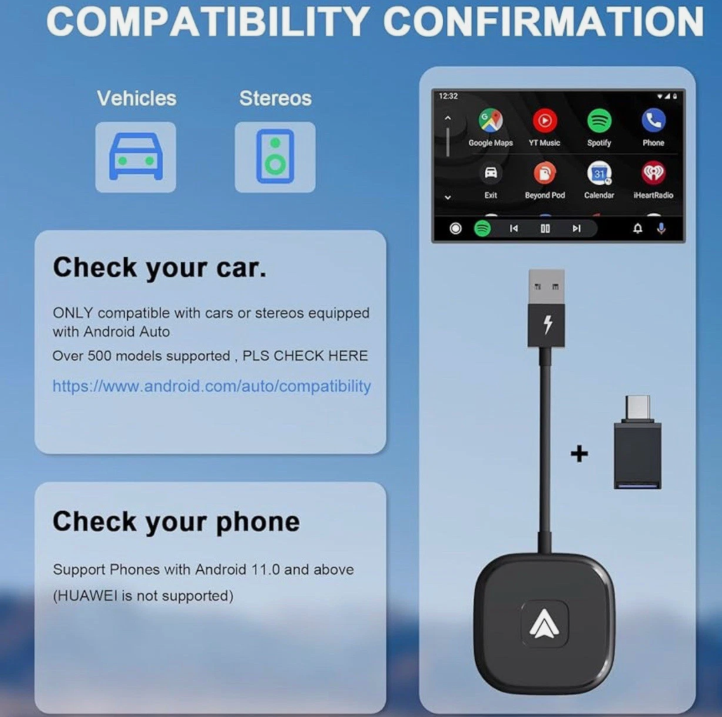 ELE:[Android-Auto Wireless Adapter-White Box]-Wireless, AndroidAuto, Bluetooth, WiFi, PlugAndPlay, USB, TypeC, 5.8GHz, Navigation, HandsFree