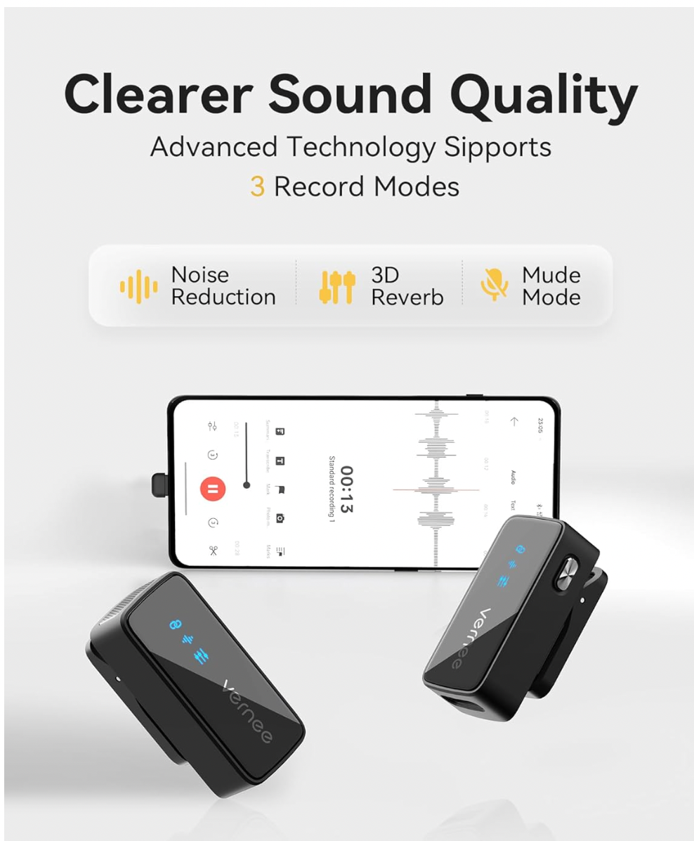 ELE:[VERNEE-Wireless Microphone-V30]-Works with iPhone and Android, Tablet, PC, Mini Mic 3-Level AI Noise Reduction