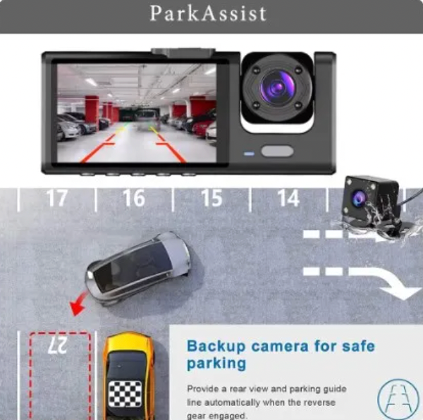 ELE:[Black Box-Dash Camera Front Rear 1296P-Black]-Triple Camera Dash Cam Loop Recording G-Sensor Pa
