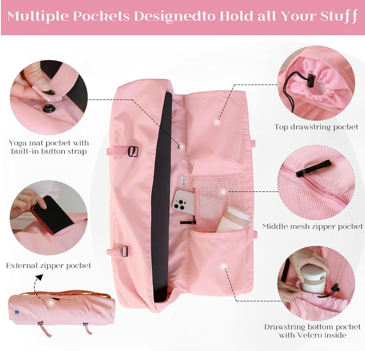 HOU[Tumaz-Yoga Mat Bag Yoga Mat Carrier]-Yoga Mat Bag Built-in Strap Three Pockets G-Hook Closure Portable Carrier