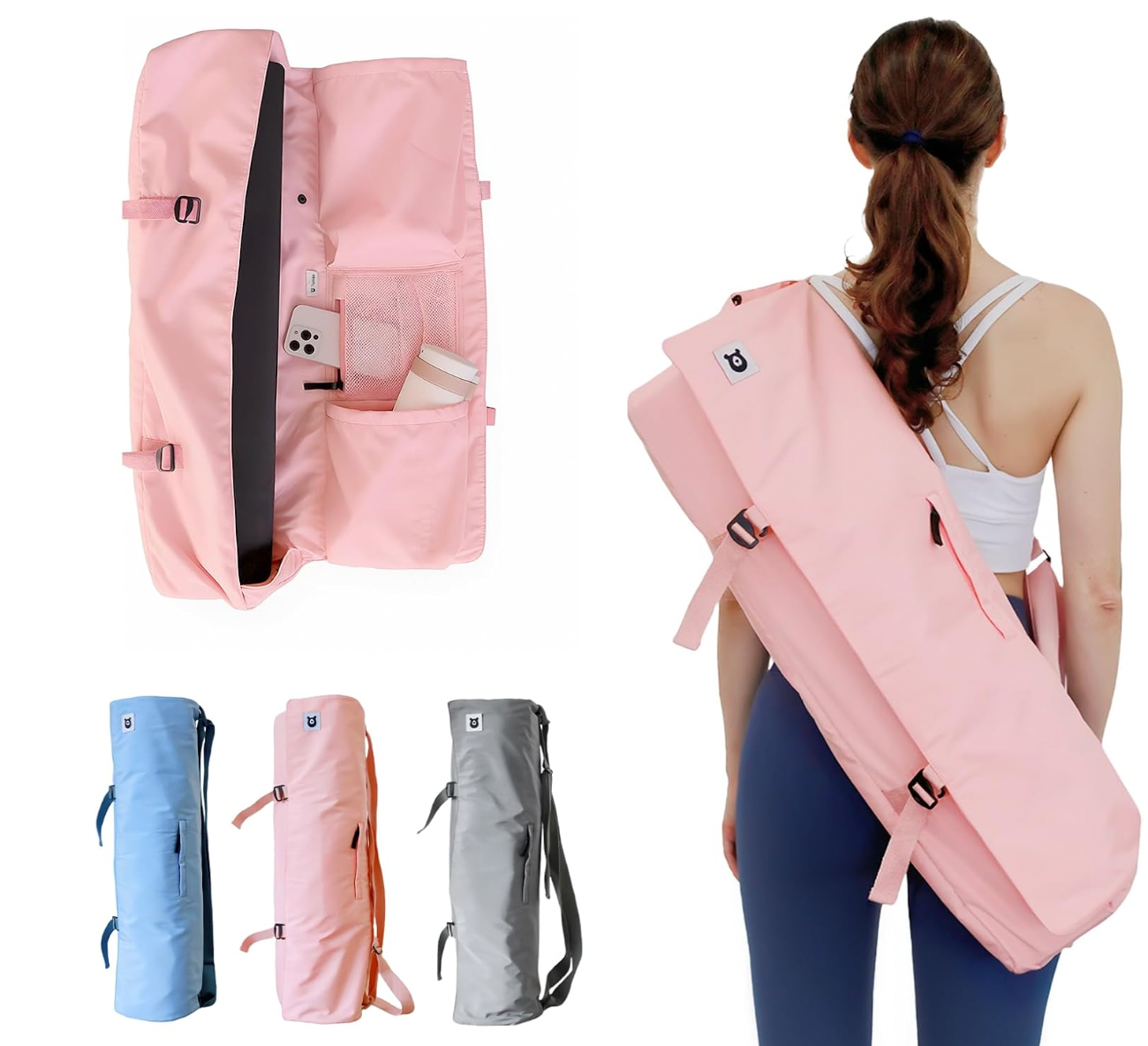 HOU[Tumaz-Yoga Mat Bag Yoga Mat Carrier]-Yoga Mat Bag Built-in Strap Three Pockets G-Hook Closure Portable Carrier