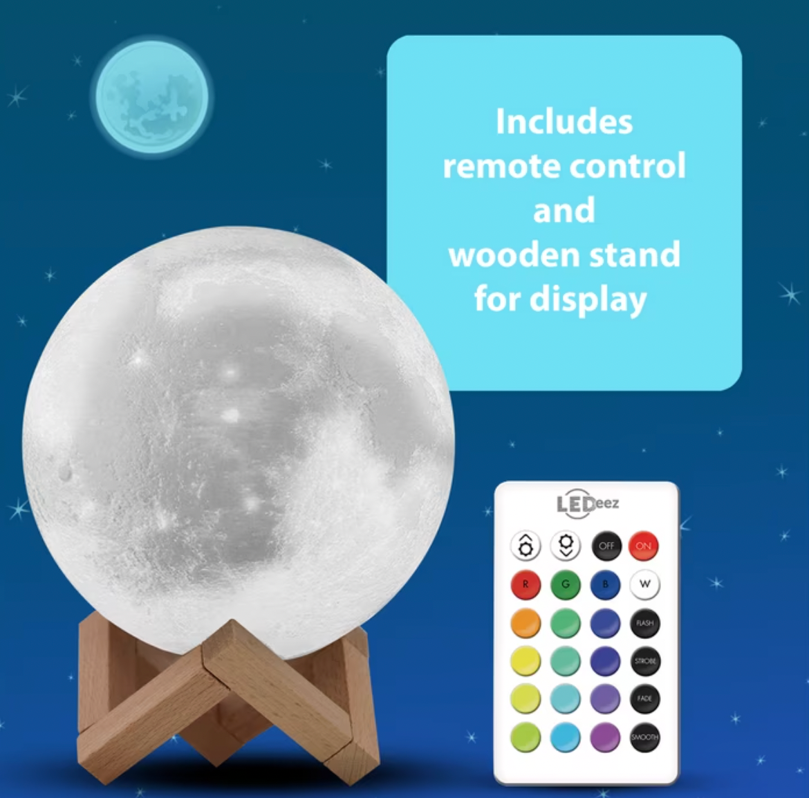 ELE:[LED Moon Lamp with Wood Display Stand]-LED Moon Lamp Remote Control 16 Colors 4 Modes Wooden Stand