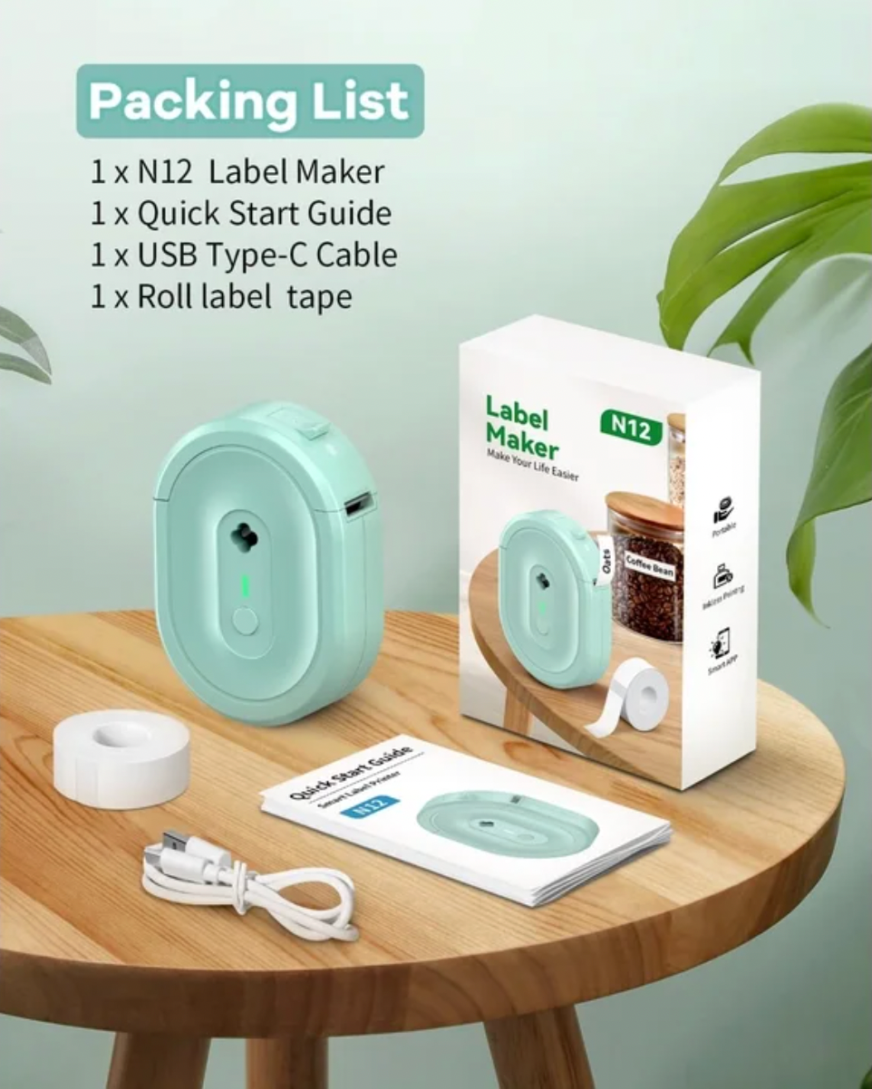 ELE:[NOYIN-Label Maker-N12-Green]-Compact Bluetooth label printer with inkless printing, rechargeable battery