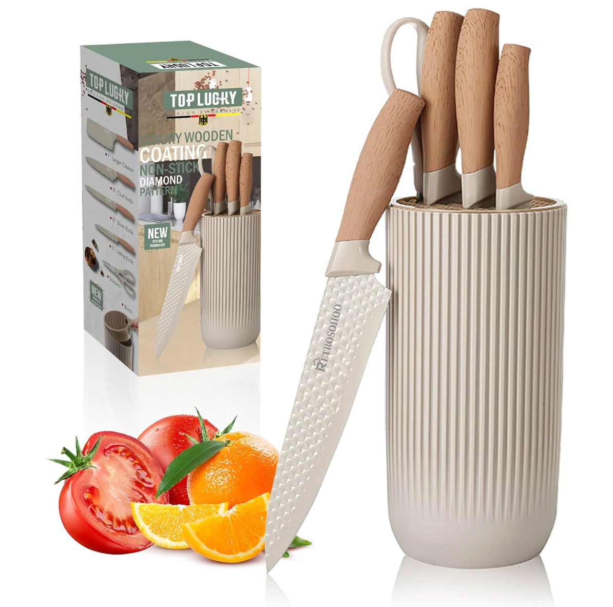 HOU:[TOP LUCKY-6-Piece Knife Set Wooden Handle Beige]-6-Piece Stainless Steel Knife Set Nonstick Sharp Durable Comfortable Handle