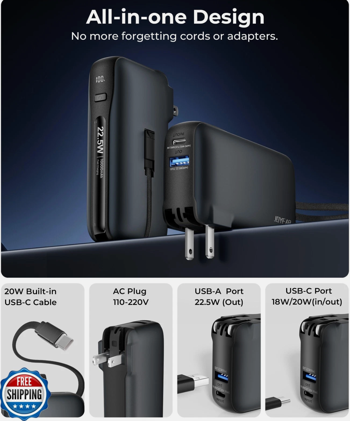 ELE:[JOYFAR-Portable Charger-10000mAh]-Portable Power Bank With Built-In USB-C Cable Fast Charging Capability