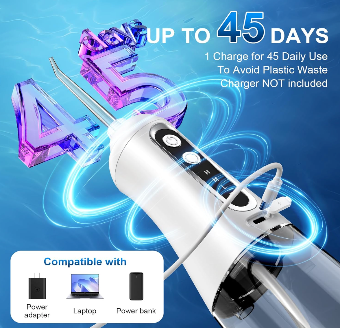 HOU: [Water Flosser Smart Oral Irrigator CY17] Cordless, 350ML, 4 Modes 4 nozzles,IPX7 Waterproof Rechargeable for deep cleaning
