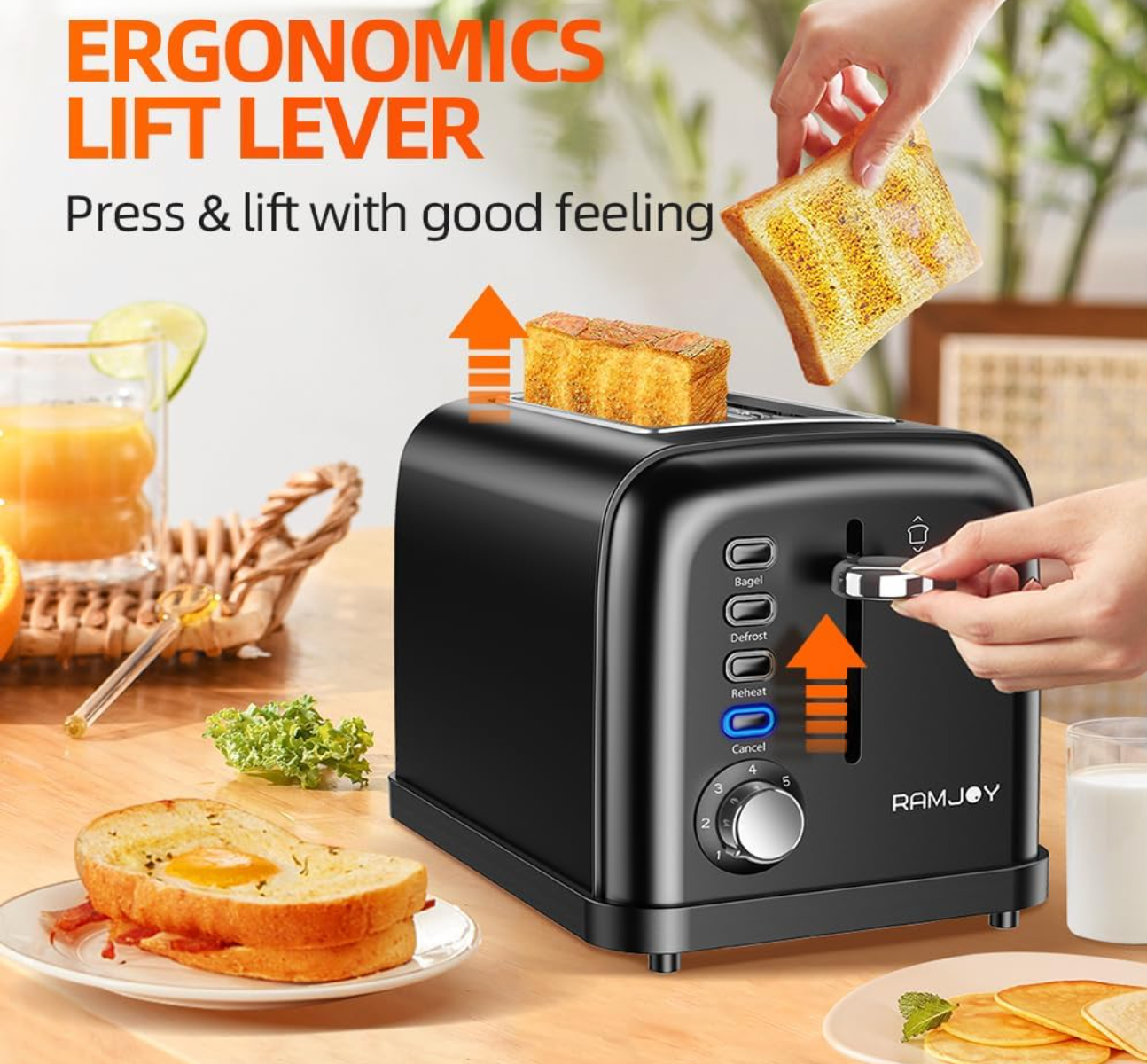 HOU:[RAMJOY-2 Slice Toaster-Black]-2-Slice, Stainless-Steel, 7-Settings, Bagel, Defrost, Reheat, Can