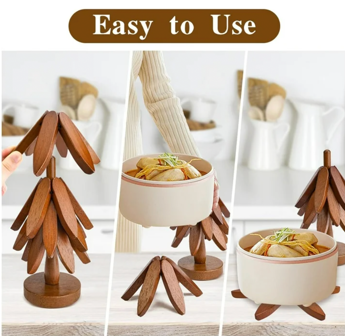 HOU:[Wooden Tree Trivet Coaster Set] — Foldable Heat Resistant Kitchen Table Protector