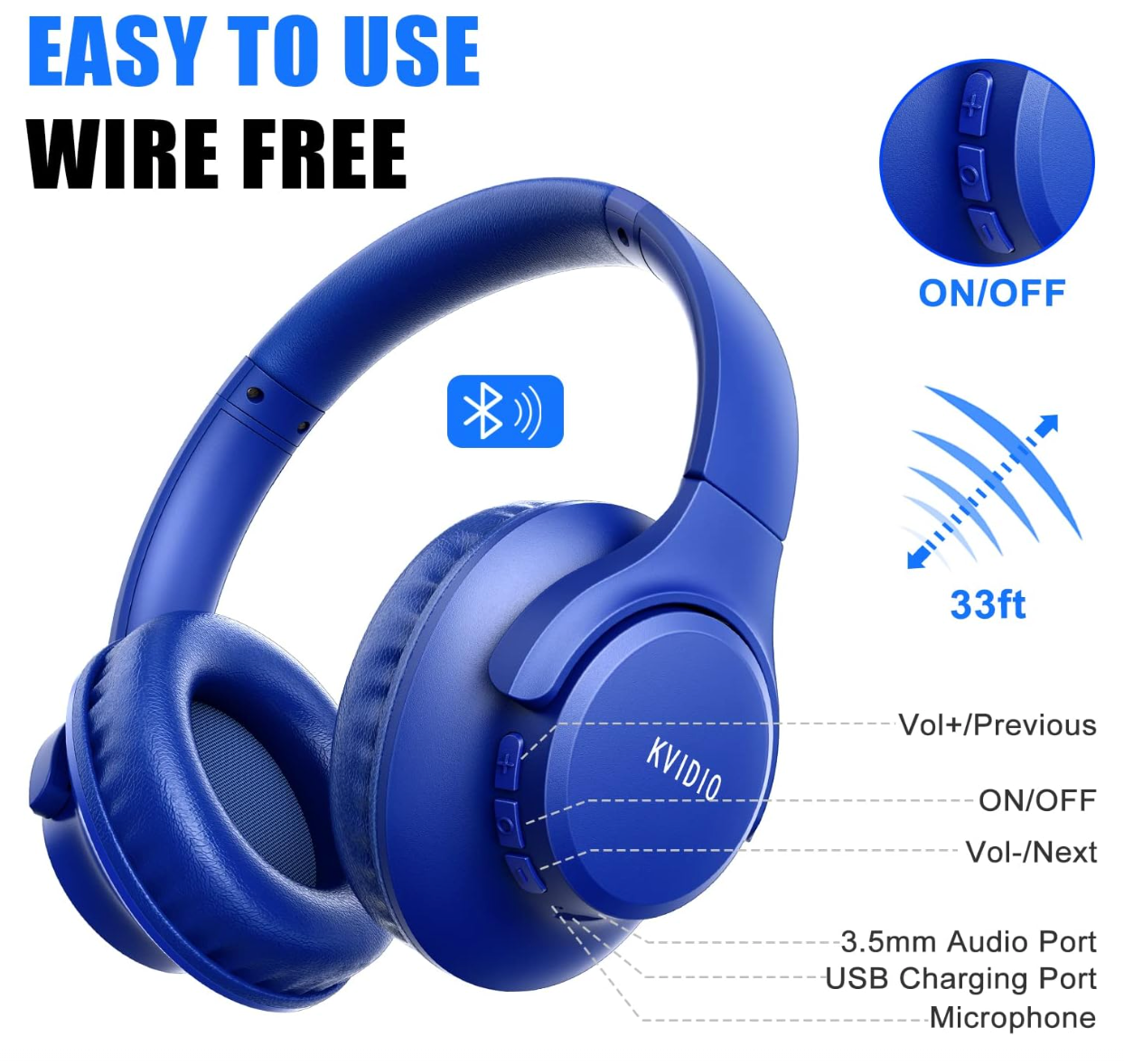 [ELE KVIDIO Bluetooth Headphones KVWH201AL]65 Hours Playtime Wireless Headphones with Microphone, Foldable Lightweight Headset with Deep Bass