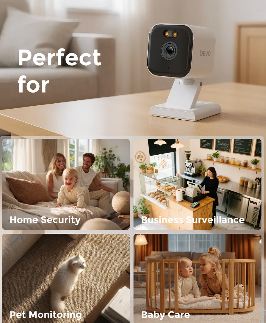 ELE:[Devo-Smart Security Camera CCAZ10-White]-2K QHD WiFi6 AI Detection Color Night Vision Two-Way A