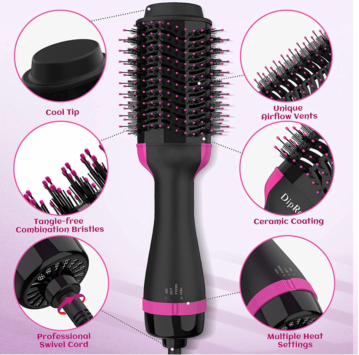 HOU:[Bglam-Dryer Brush]- Tourmaline, Ionic, Lightweight, Fast-Drying, Anti-Frizz, Volumizing, Detangling, Straightening, Curling