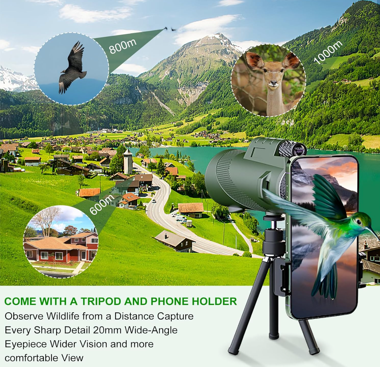 HOU:[Tigeberst-Monocular Telescope]-12x High Power Monocular Telescope With Smartphone Adapter And Tripod