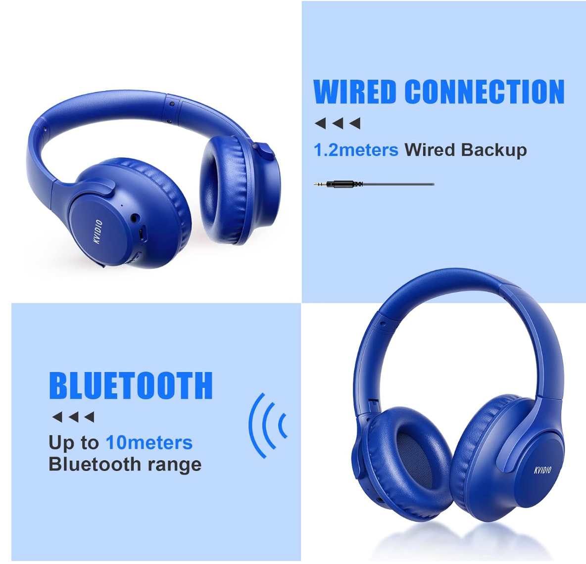 [ELE KVIDIO Bluetooth Headphones KVWH201AL]65 Hours Playtime Wireless Headphones with Microphone, Foldable Lightweight Headset with Deep Bass