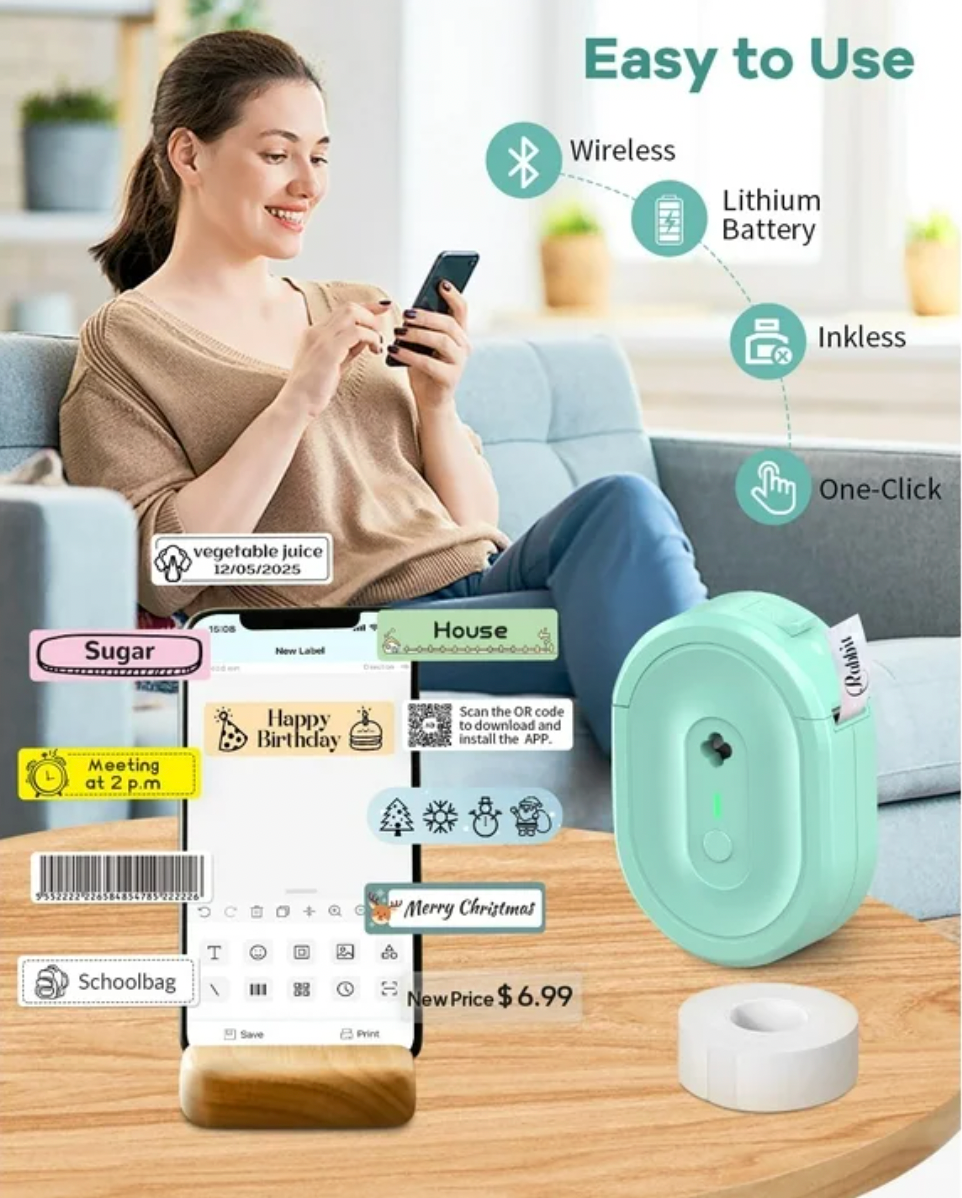 ELE:[NOYIN-Label Maker-N12-Green]-Compact Bluetooth label printer with inkless printing, rechargeable battery