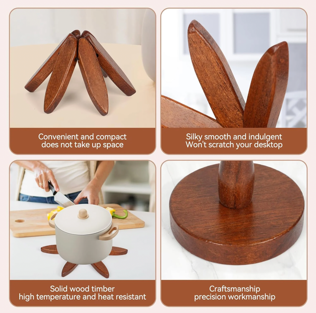 HOU:[Wooden Tree Trivet Coaster Set] — Foldable Heat Resistant Kitchen Table Protector