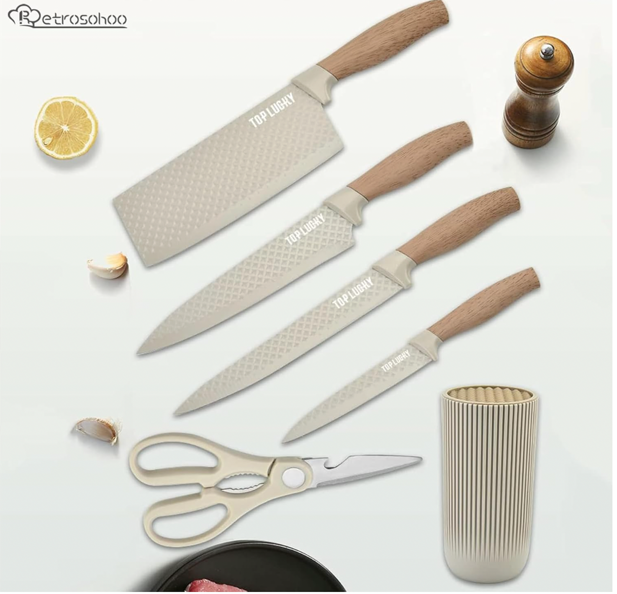 HOU:[TOP LUCKY-6-Piece Knife Set Wooden Handle Beige]-6-Piece Stainless Steel Knife Set Nonstick Sharp Durable Comfortable Handle