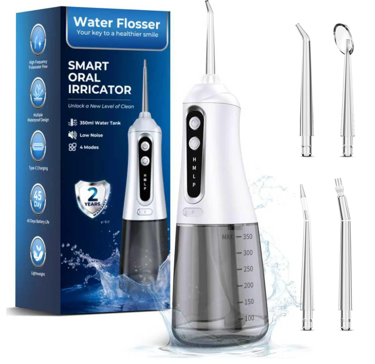 HOU: [Water Flosser Smart Oral Irrigator CY17] Cordless, 350ML, 4 Modes 4 nozzles,IPX7 Waterproof Rechargeable for deep cleaning