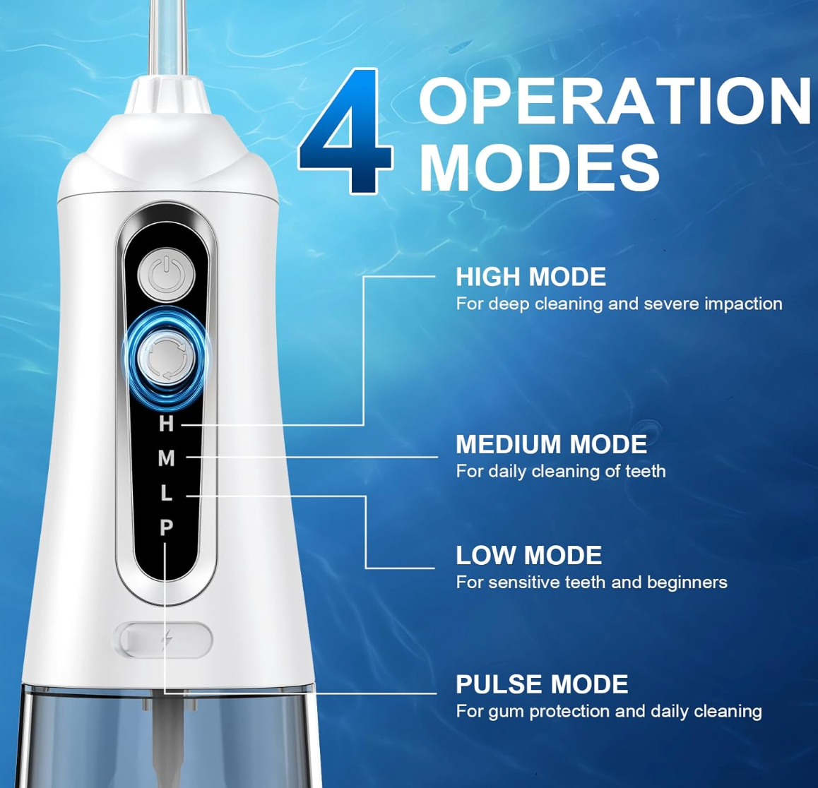 HOU: [Water Flosser Smart Oral Irrigator CY17] Cordless, 350ML, 4 Modes 4 nozzles,IPX7 Waterproof Rechargeable for deep cleaning